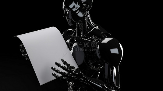 机器人手臂 3D 渲染抓住的黑色空白纸