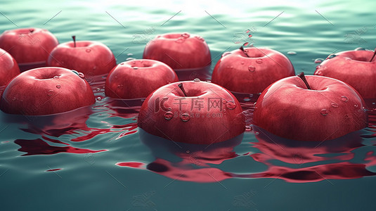 漂浮色叶子背景图片_在 3d 渲染的世界中漂浮的红苹果