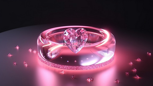 月亮发光发亮背景图片_发光的心形水晶戒指，心形漂浮在粉红色化妆品基座 3d 渲染器上