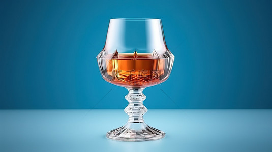蓝色背景下威士忌和干邑白兰地玻璃杯的真实 3D 插图