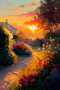 彩绘植物图案背景图片_花朵小路阳光夕阳下的花园背景
