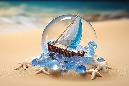 日光繁茂背景图片_蓝色的小贝壳，上面有蓝色帆船的图片