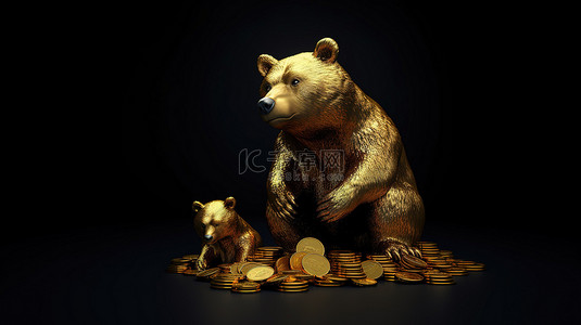 深色背景上 3D 渲染的金熊和浣熊
