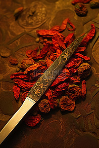 一把小刀拿着辣椒和生姜的叶子