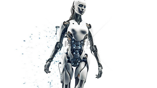 全身隔离在女性机器人或机器人的白色 3D 渲染上