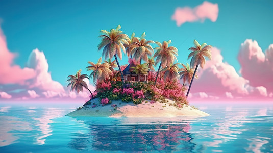天堂旅游背景图片_粉红色天空下蔚蓝海洋的白色沙滩上棕榈树丛生的热带天堂的 3D 插图