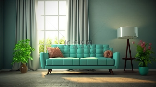 带沙发的房间的 3D 渲染