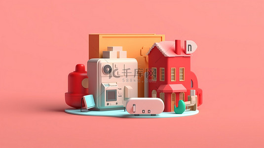 购物商店背景图片_1 3D 插图的组成，描绘了具有在线支付概念的互联网购物和银行业务