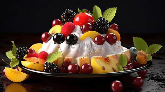 冰淇淋甜点以令人惊叹的 3D 艺术装饰着美味的水果和浆果