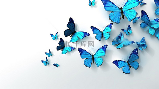 飞过夏天，一群蓝色蝴蝶在飞行 3D 渲染