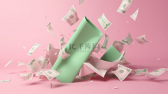 卡通箭头符号背景图片_3d 渲染纸币箭头绿色现金和漂浮在粉红色柔和背景上的钞票的最小卡通风格插图代表省钱和降低成本的概念