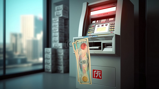 纸币机背景图片_从 ATM 机提取日元纸币的 3D 插图