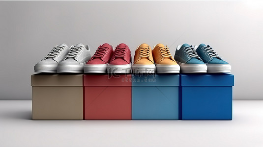 白色背景上新设计的蓝色牛仔运动鞋，周围环绕着 3d 彩色鞋盒