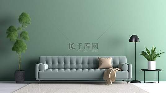 客厅的 3D 渲染，配有灰色沙发桌和家居室内模型中绿色墙壁的装饰