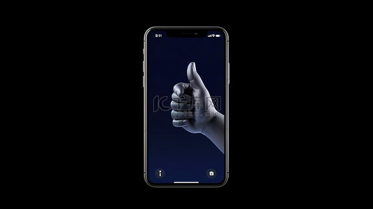 3D 渲染的黑色智能手机屏幕，带有竖起大拇指图标