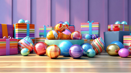 充满活力的复活节彩蛋和 3D 渲染的礼物