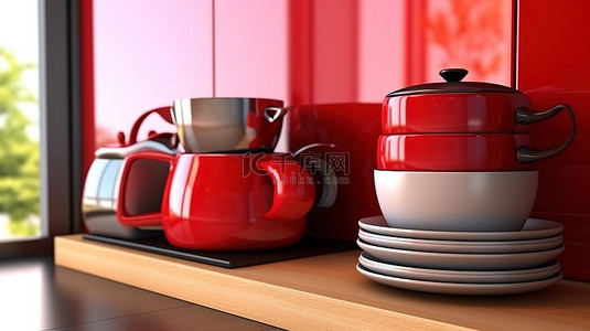 时尚的红色厨房装饰，通过窗口 3D 渲染可以近距离观看厨具