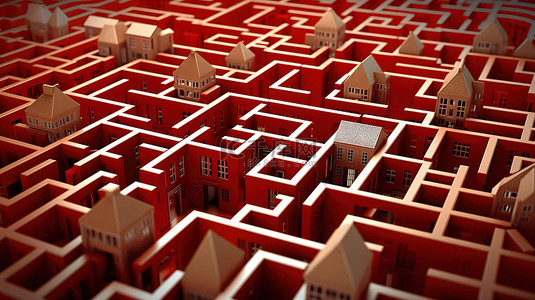 房地产横幅迷宫中的房子的 3D 插图