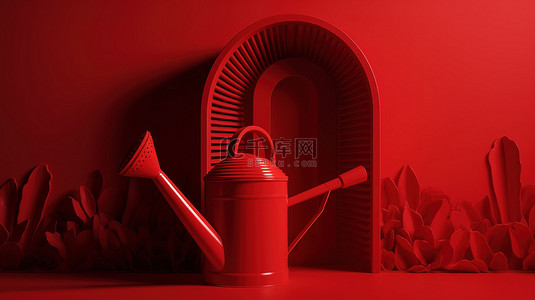 单色元素背景图片_红色花园围栏，带有喷壶 3d 单色图标，红色背景
