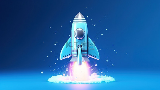 3d 渲染的启动火箭起飞的蓝色背景图标