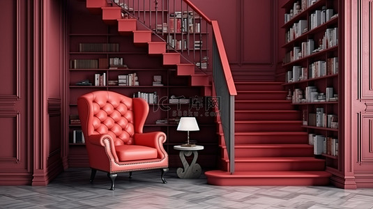 英式红色扶手椅和隐藏在楼梯下的 3D 渲染图书馆