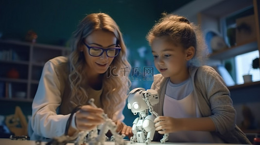 儿童探索背景图片_探索机器人技术 一对母女用笔进行创意 3D 打印