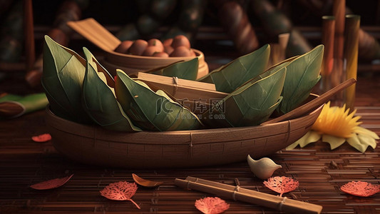端午节节日习俗背景图片_端午节粽子美食红色叶子