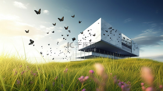 蝴蝶在现代 3D 建筑和郁郁葱葱的绿色田野上翩翩起舞
