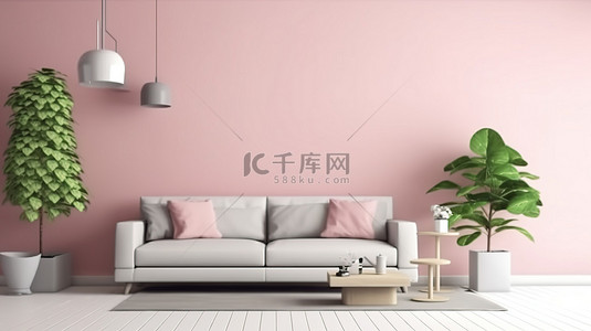 室内设计采用粉色和绿色配色方案 3D 渲染斯堪的纳维亚客厅，配有沙发和花盆
