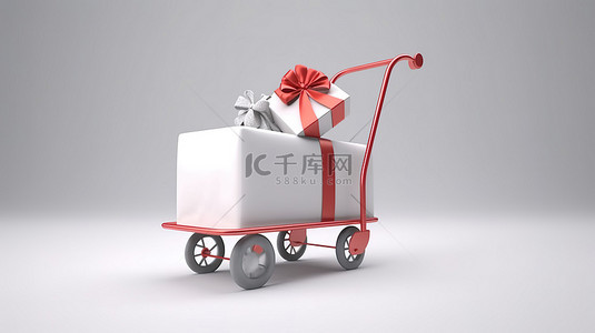 3D 渲染插图，显示一辆手推车运送一件大型白色礼物，上面装饰着鲜艳的红丝带