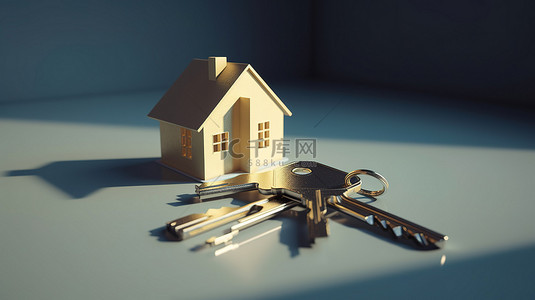 地产插画背景图片_房地产概念 3d 房子和钥匙渲染