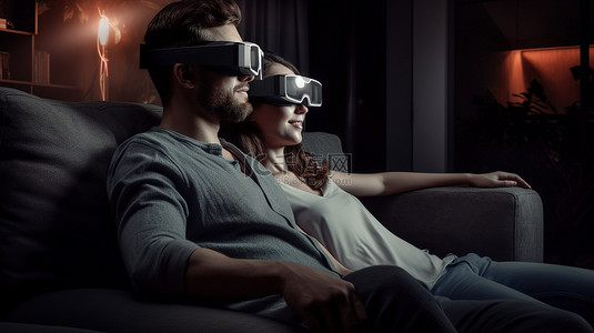 沙发上背景图片_两人在沙发上放松，享受 3D 电影体验