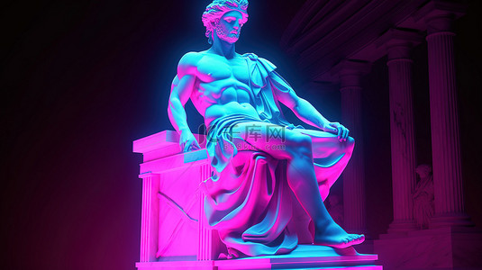 阿波罗观景台雕像在霓虹粉色和蓝色闪电 3d 渲染中发光