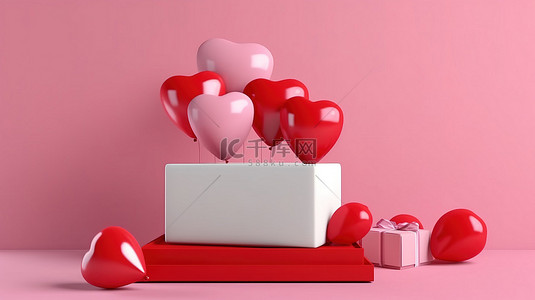 气球促销海报背景图片_3D 渲染中的情人节和周年纪念促销礼品盒和气球模型