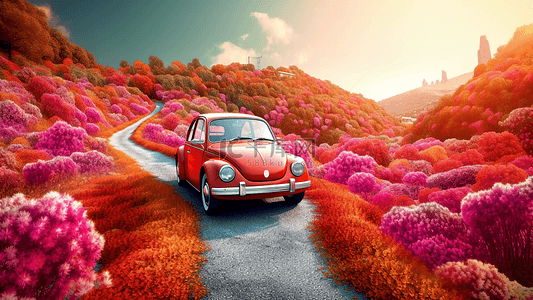 红色汽车背景背景图片_汽车红色鲜花背景