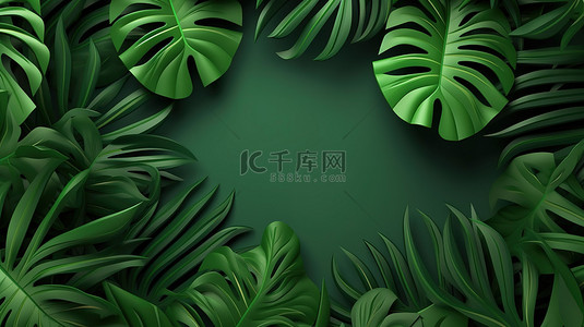 剪纸人剪纸背景图片_剪纸风格框架的 3D 渲染，装饰着龟背竹和棕榈叶，唤起热带氛围