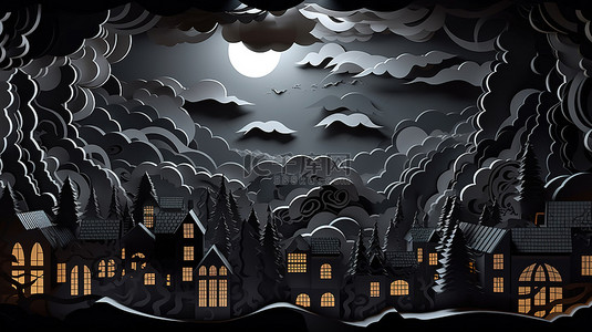 卡通夜空背景图片_怪异的夜空和乌云的 3D 剪纸艺术