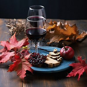 葡萄酒酒杯和木盘，上面有秋叶和石榴