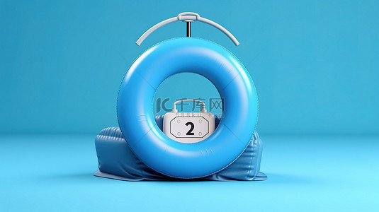 时间音乐背景图片_带有蓝色闹钟和 3D 耳机的充气环的超现实描绘