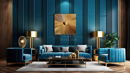 精致华丽背景图片_华丽的客厅配有精致的木镶板闪闪发光的金色装饰优雅的蓝色家具和温暖的棕色色调，以无可挑剔的 3D 渲染呈现