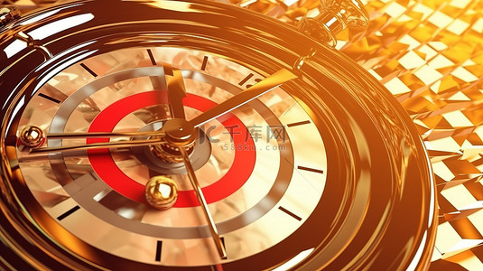 目标时间抽象时钟和飞镖箭头图像的特写，描绘了最后期限 3D 渲染的概念