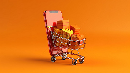 充满活力的橙色背景下购物概念智能手机结帐和纸板箱交付的 3D 渲染