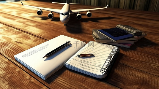 探索世界飞机护照票和木桌 3D 渲染上的书写材料