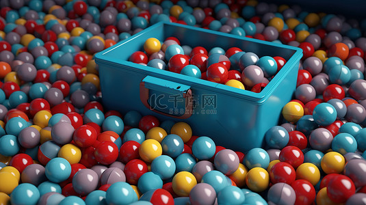 充满活力的球环绕着蓝色内部的工具套件，以 3D 呈现