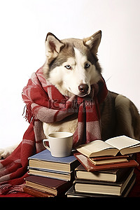 西伯利亚哈士奇狗戴着红围巾，坐在一些书旁边