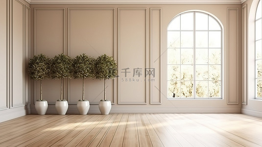 木空间背景图片_极简主义空间装饰有现代墙板金属花瓶干树叶和抛光木地板，3D 可视化