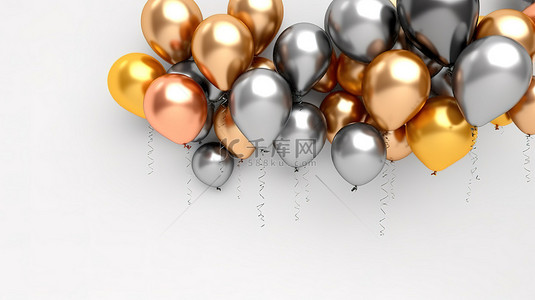 2023金色背景图片_优雅气球和铝箔五彩纸屑在白色背景上层叠的 3D 渲染，具有充足的复制空间