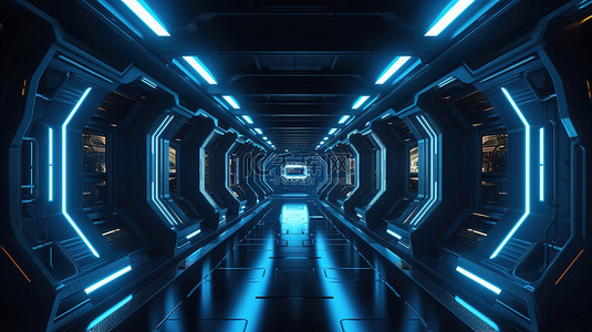 科幻朋克背景图片_3D 渲染中未来派蓝色霓虹灯太空飞船走廊的深色背景科幻插图
