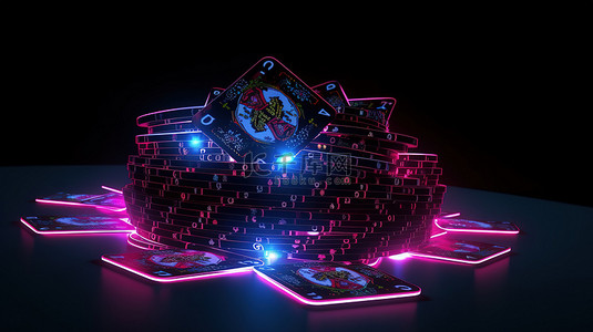 发光霓虹灯背景图片_赌场环境中发光霓虹灯照亮二十一点扑克牌的 3D 插图