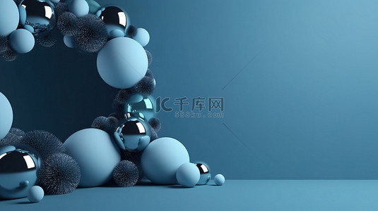 3d 蓝色主题圣诞摆设球横幅呈现极简主义的新年和圣诞节概念